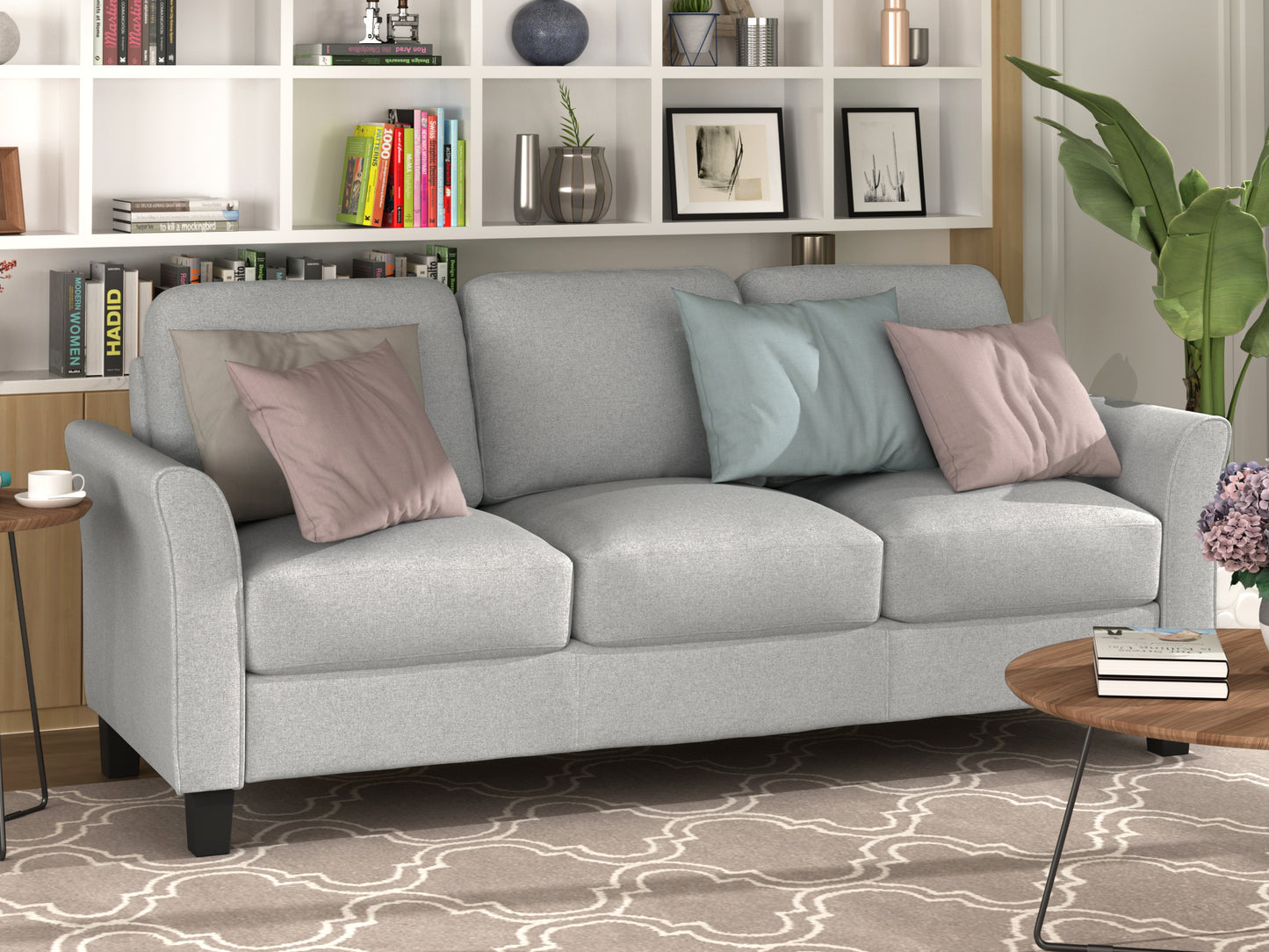 Elegant Light Gray 3-Seat Linen Fabric Sofa for Living Room