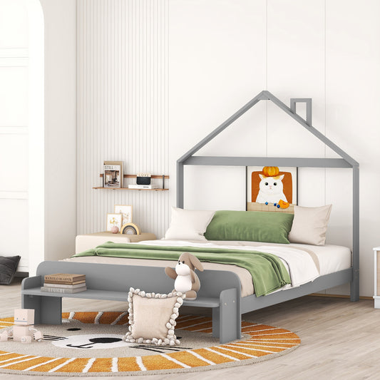 Full Size Wood Platform Bed with House-shaped Headboard and Footboard Bench,Grey