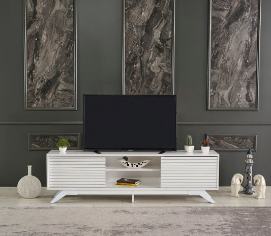 Luxia Mid Century Modern TV Stand with Storage Cabinets and Shelves in White