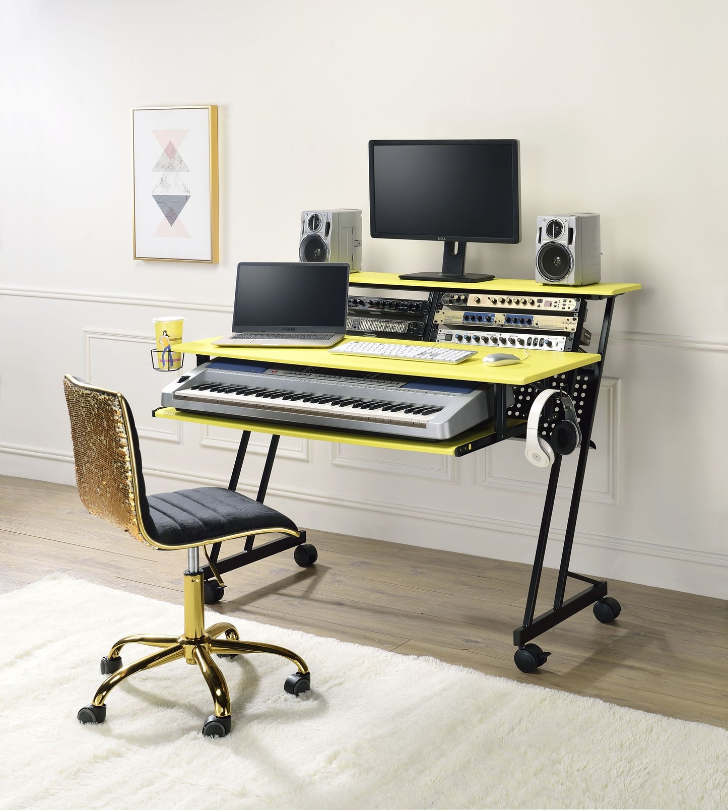 Yellow & Black Suitor Music Studio Desk with Keyboard Tray and Shelf