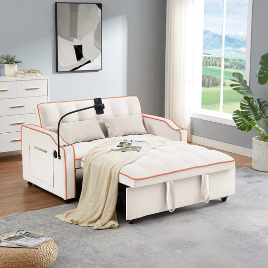 Versatile Foldable Velvet Sofa Bed with USB Port and Adjustable Back (Beige)