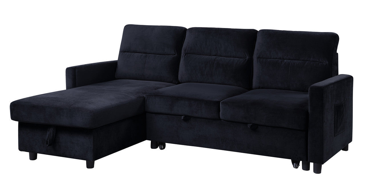 Black Velvet Reversible Sleeper Sectional Sofa with Storage Chaise and Side Pocket