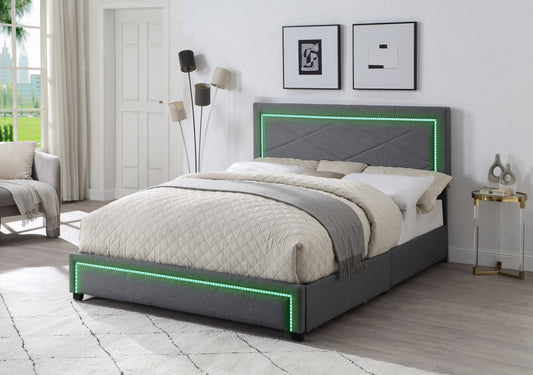 Upholstered Queen Size Platform Bed with LED Lights, Storage Bed with 4 Drawers, Gray color fabric