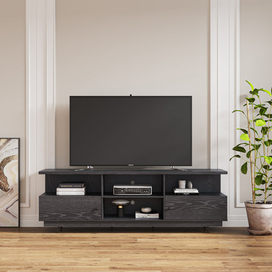 Contemporary Wooden TV Stand with 2 Doors and 4 Open Shelves