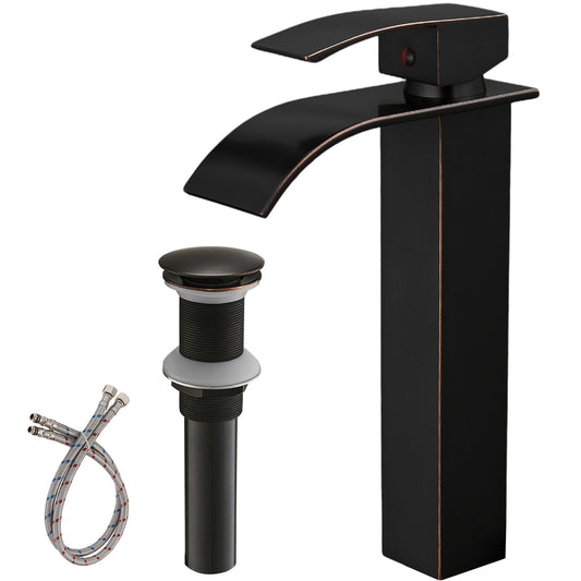 Oil Rubbed Bronze Waterfall Vessel Sink Faucet with Single Handle and Pop-up Drain