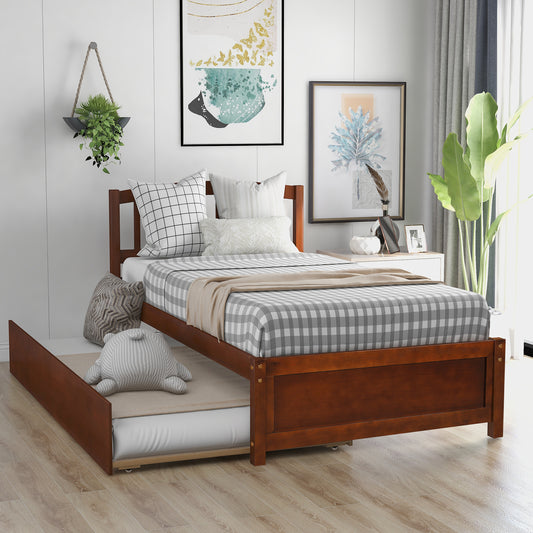 Twin size Platform Bed Wood Bed Frame with Trundle, Walnut