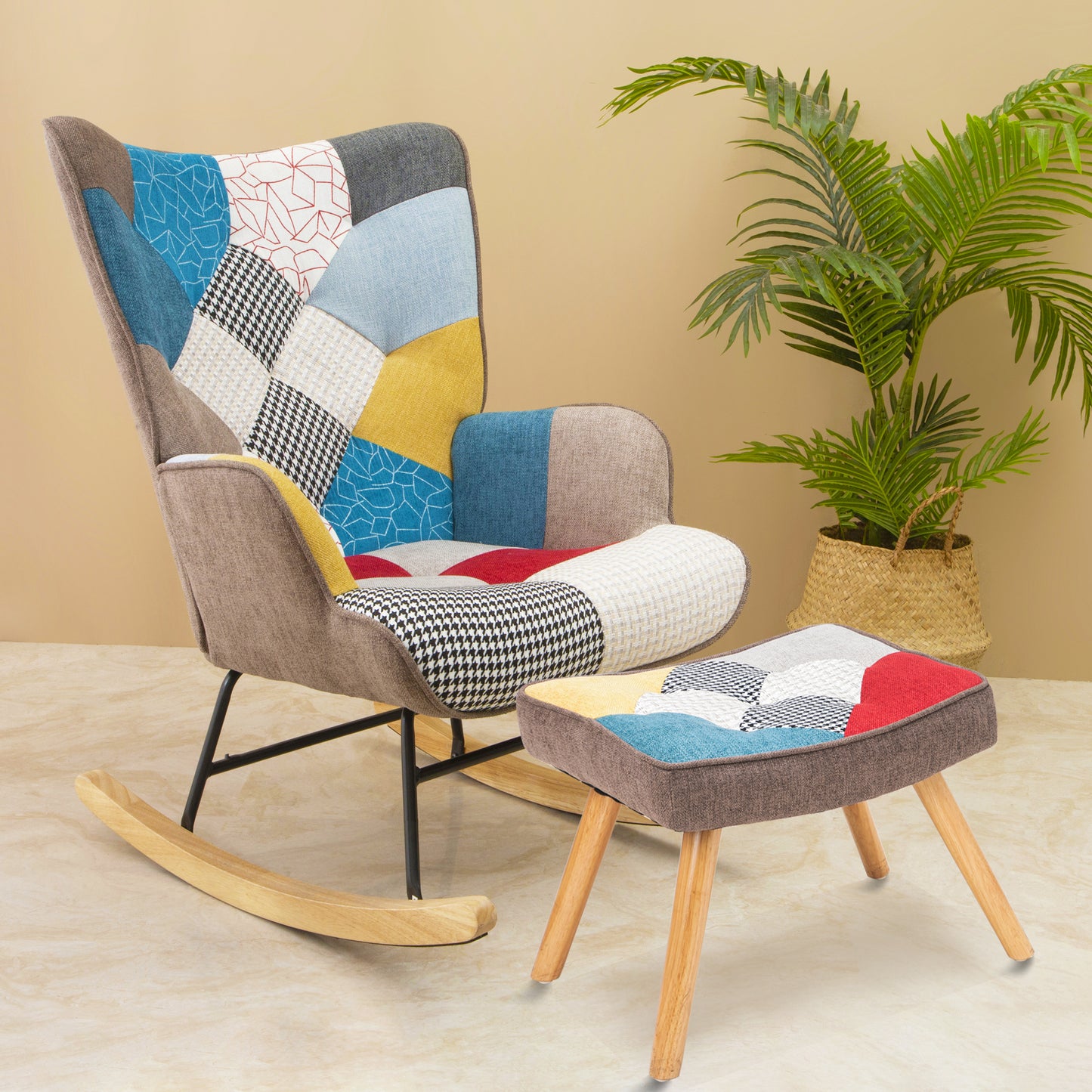 Rocking Chair with ottoman, Mid Century Fabric Rocker Chair with Wood Legs and Patchwork Linen for Livingroom Bedroom