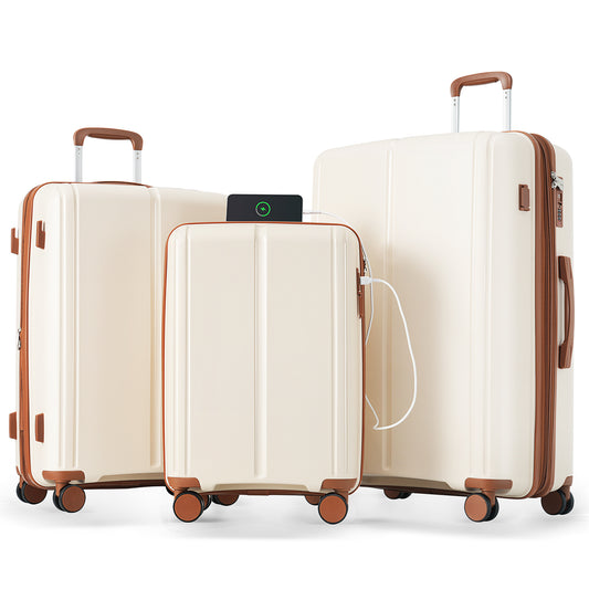 Luggage Sets 3 Piece Suitcase Set 20/24/28 with USB Port,Carry on Luggage Airline Approved,PP Lightweight Suitcase with Spinner Wheels,Ivory and Brown