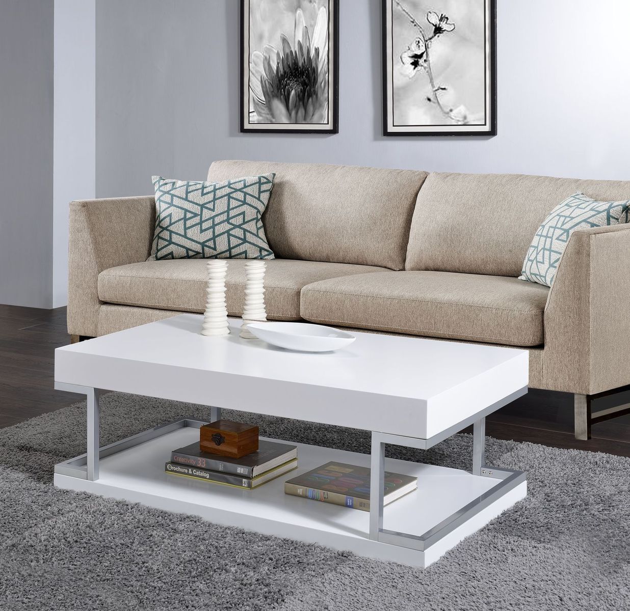 Modern White High Gloss Coffee Table with Chrome Accents