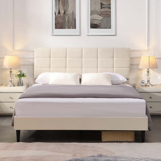 Full Size Platform Bed Frame with Fabric Upholstered Headboard and Wooden Slats, No Box Spring Needed/Easy Assembly, Beige