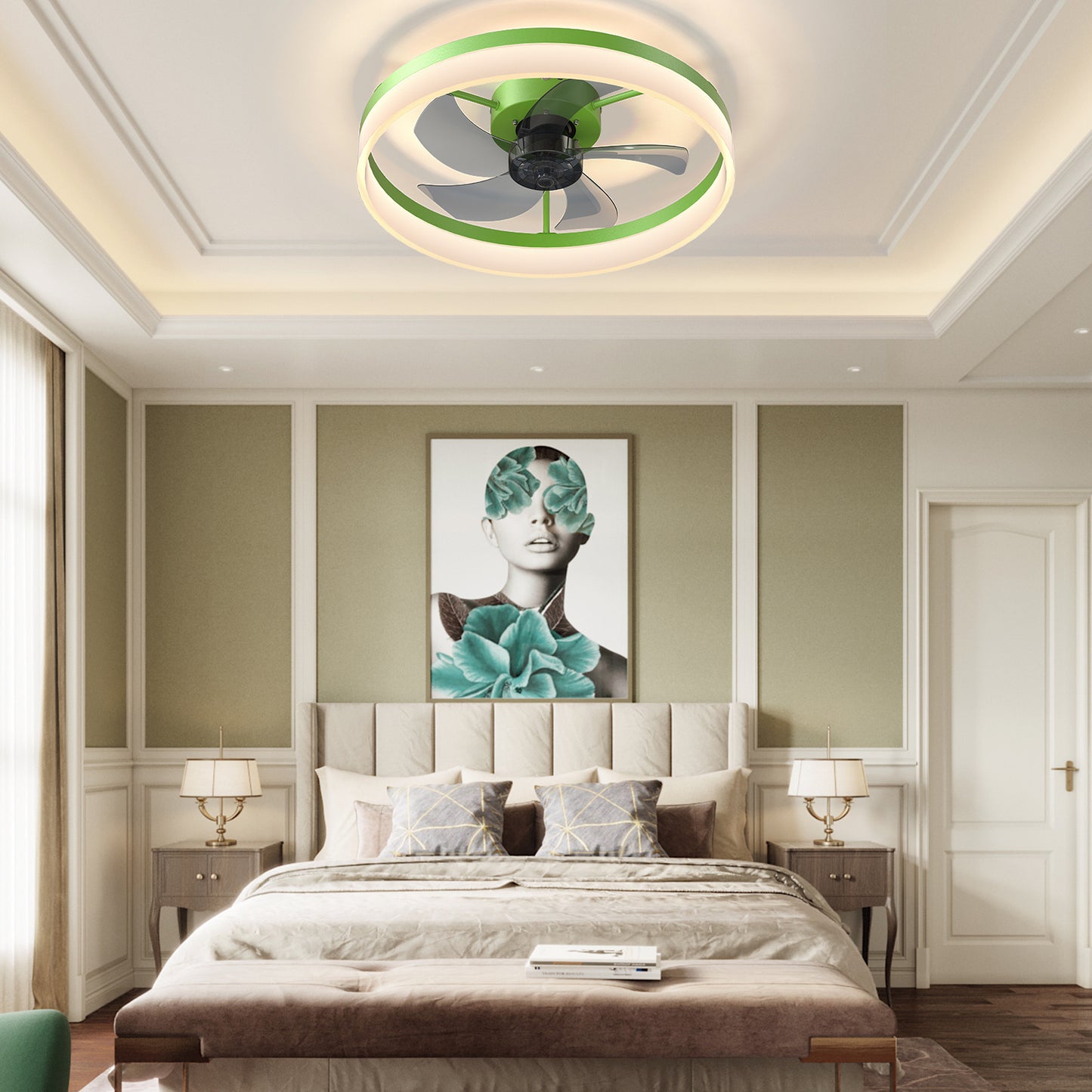 Green Modern Ceiling Fan with Dimmable LED Lights and Remote Control