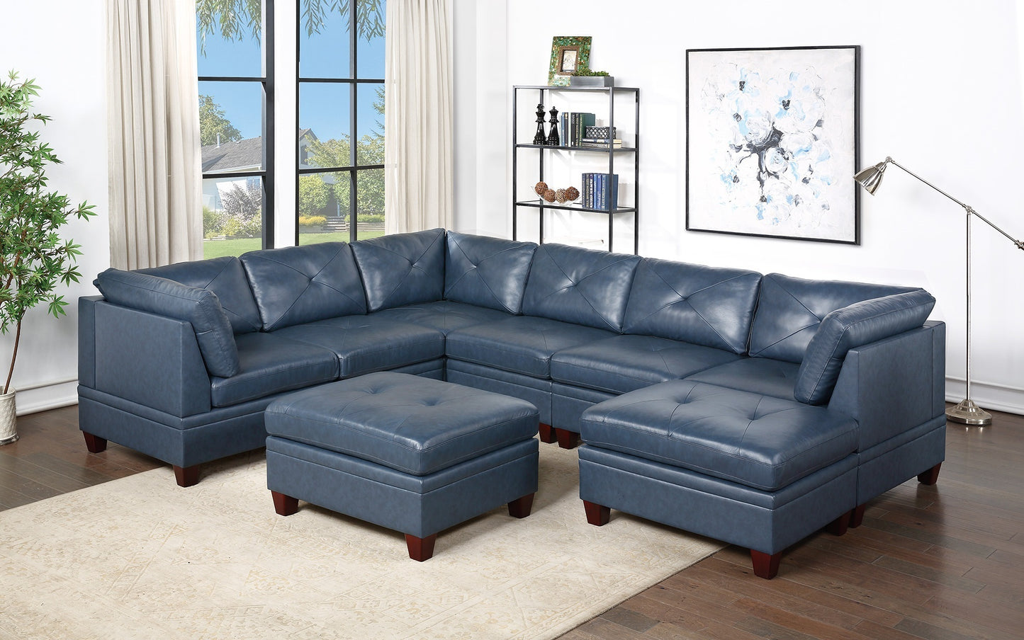 Ink Blue Genuine Leather Tufted 8-Piece Sectional Set with Ottoman and Plush Couch