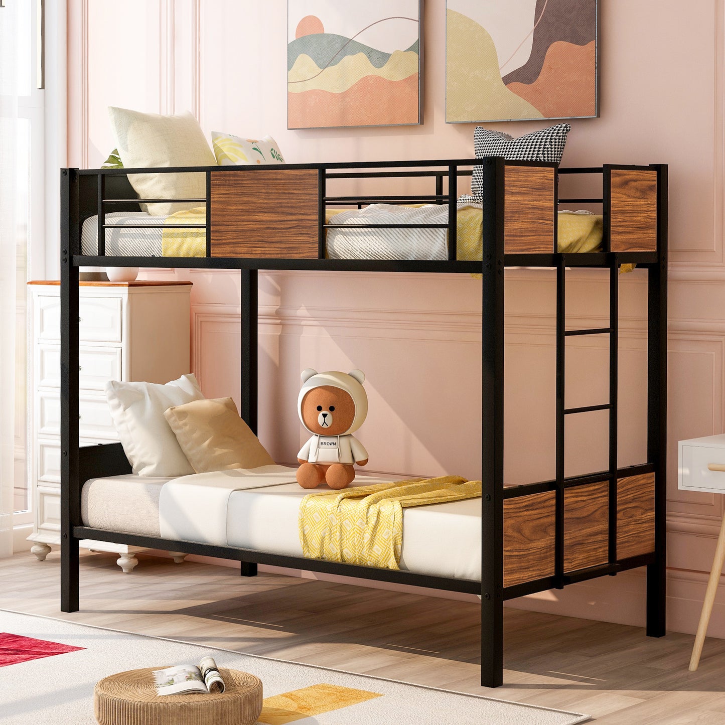 Steel Frame Twin Over Twin Bunk Bed with Safety Rail and Ladder for Bedroom, Dorm, Boys, Girls, Adults