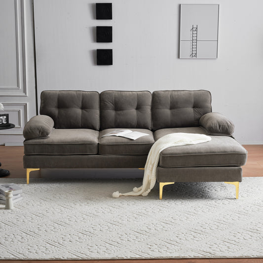 Luxurious Brown Velvet L-Shaped Modern Sectional Sofa for Living Room or Bedroom