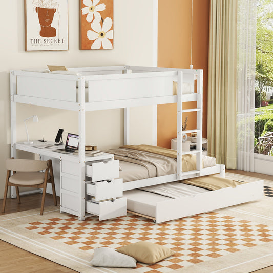 Full-Over-Full Bunk Bed with Trundle, Storage, and Desk Set in White