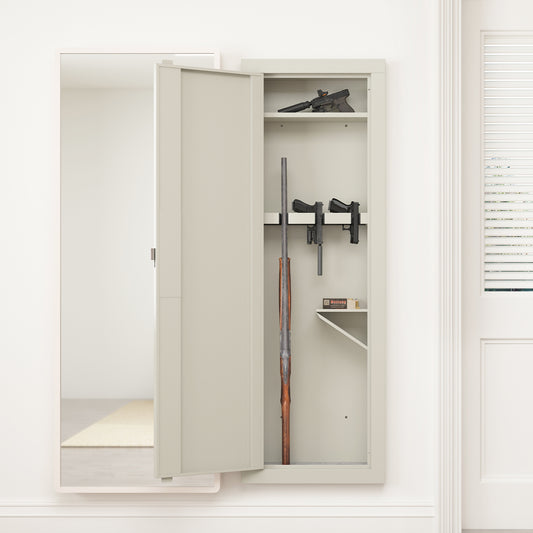 White Wall-Mounted Gun Safe with Digital Keypad and Hidden Storage