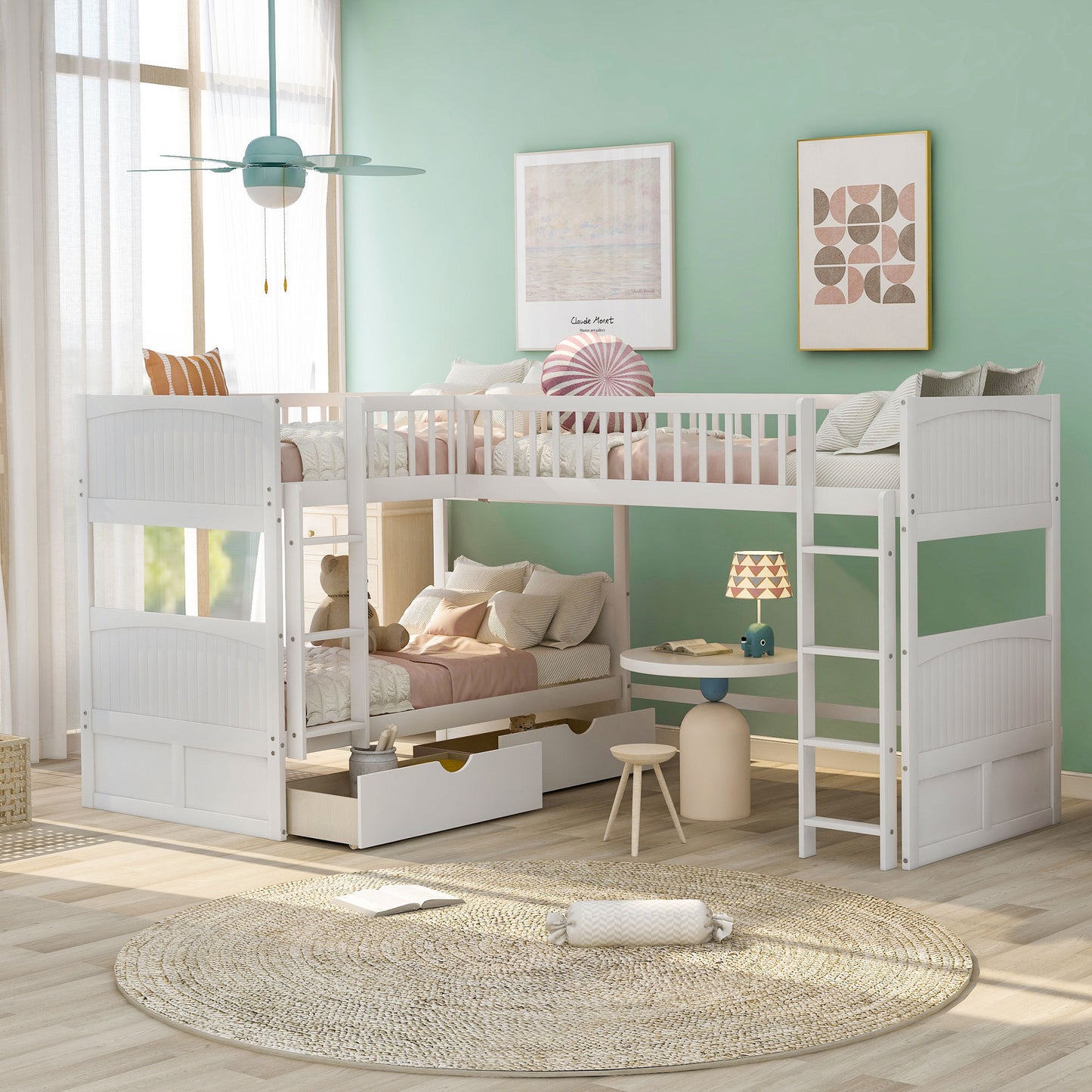 White Triple Sleeper Bunk Bed with Loft, Drawers, and Extended Sleeping Capacity