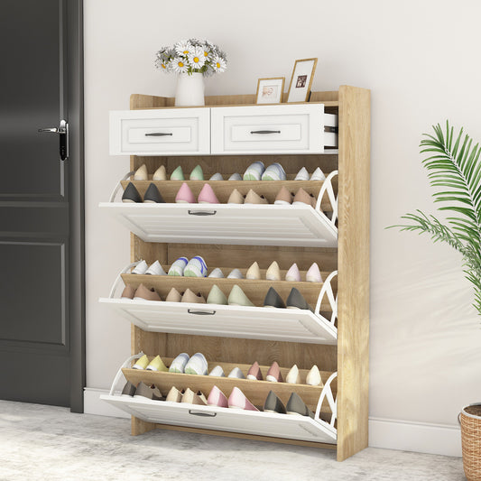 White +Oak Color shoe cabinet  with 3 doors 2 drawers,PVC door with shape ,large space for storage