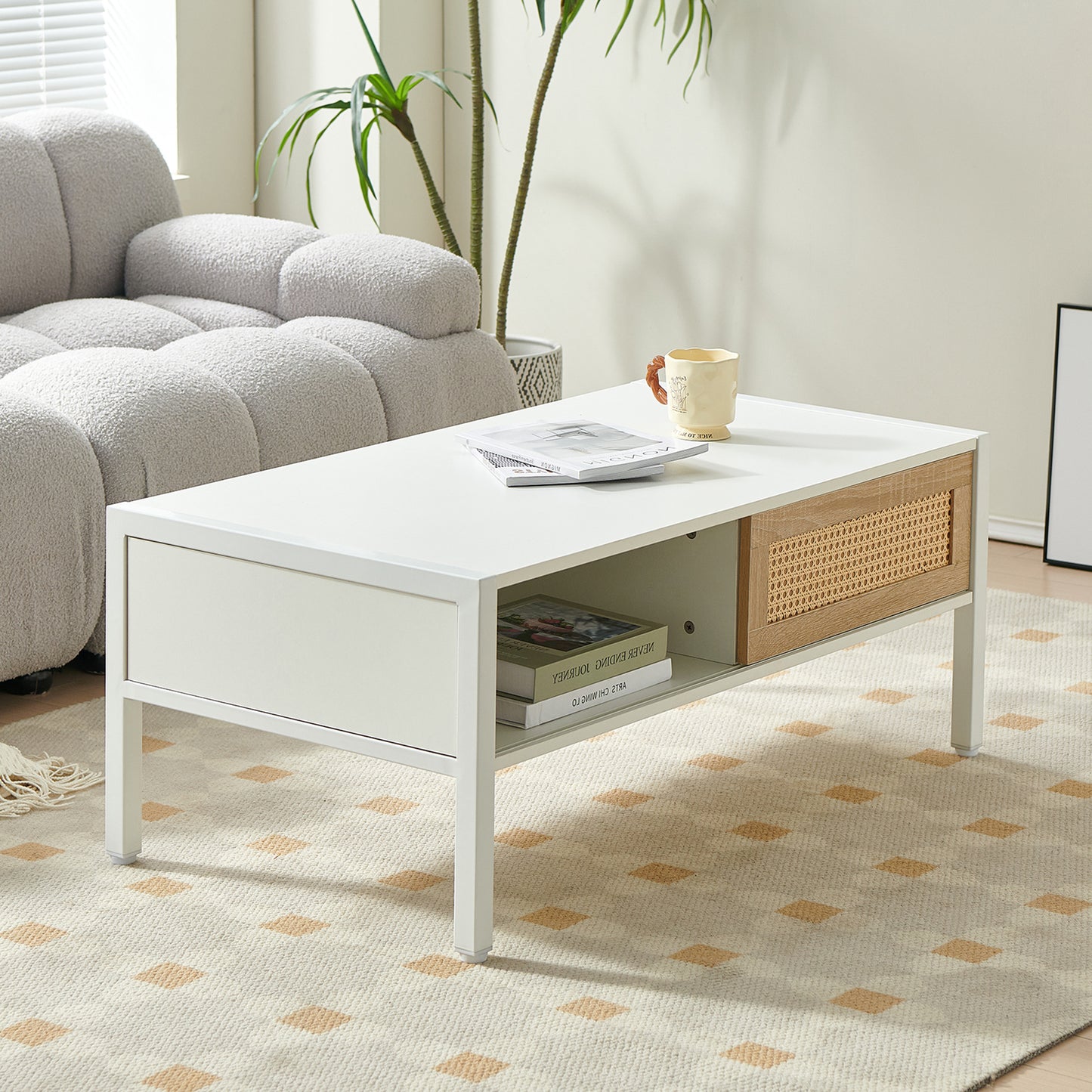 Modern White Rattan Coffee Table with Sliding Door Storage