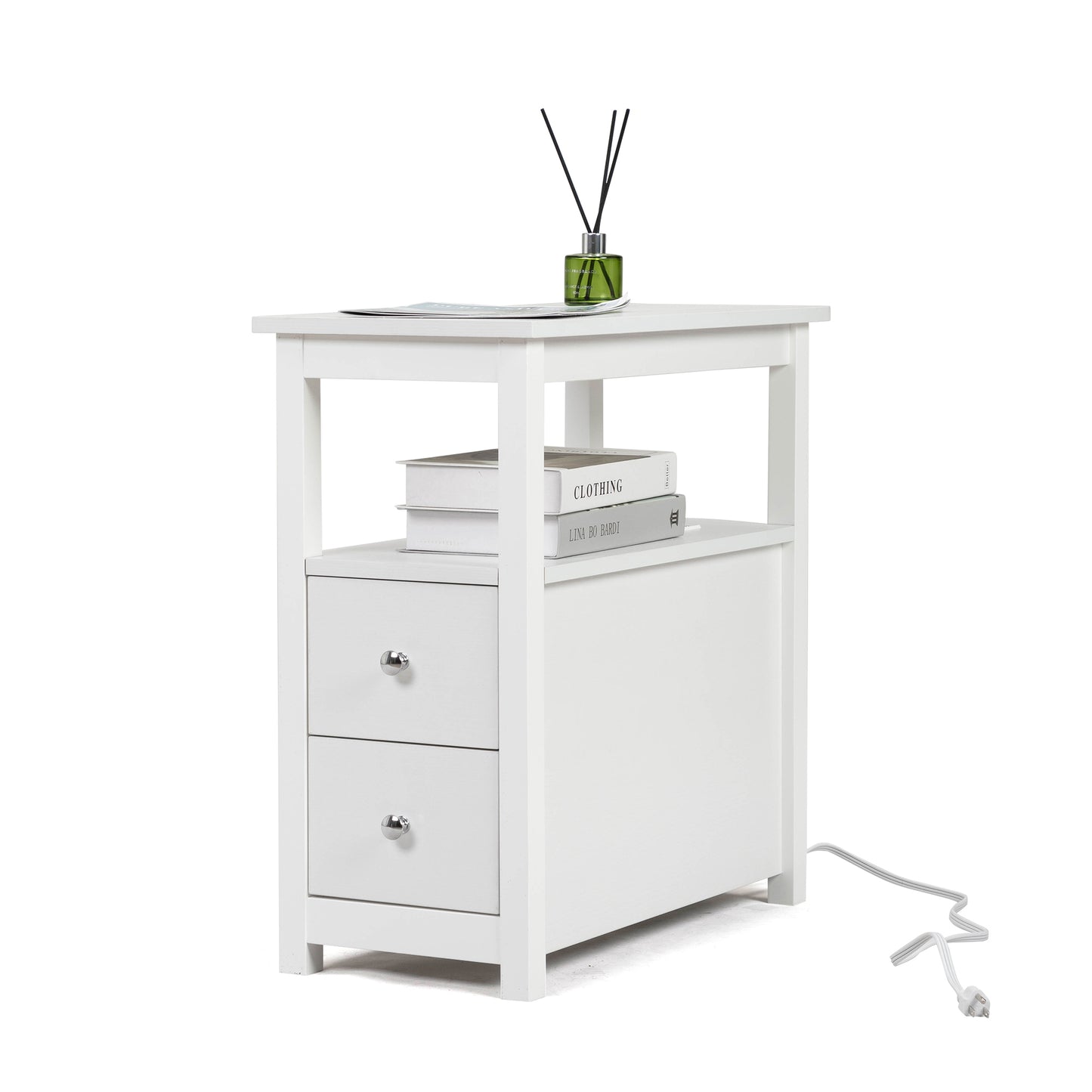 End Table with Charging Station, Narrow Sofa Side Table, Wooden Nightstand, Bedroom Living Room Furniture, White