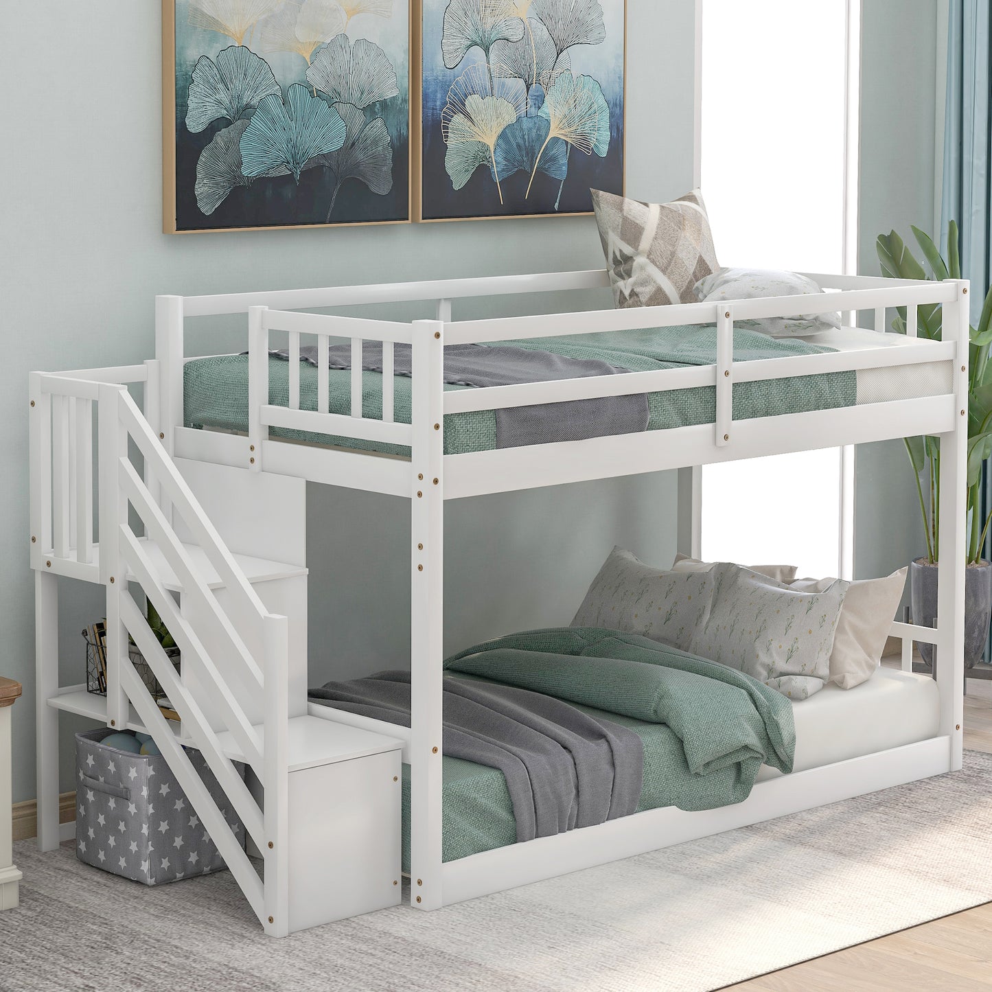 White Twin Floor Bunk Bed with Ladder and Storage