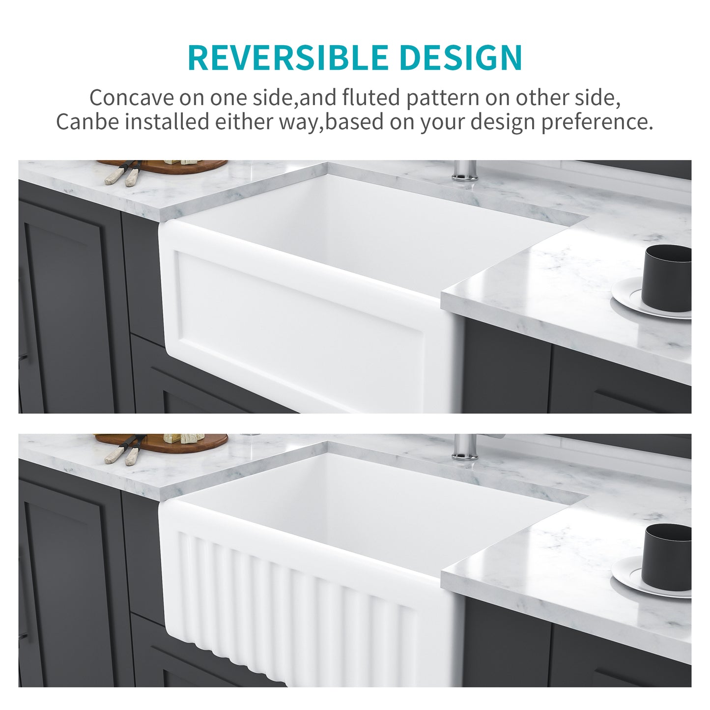 24-inch Reversible Ceramic Kitchen Sink with Superior Durability