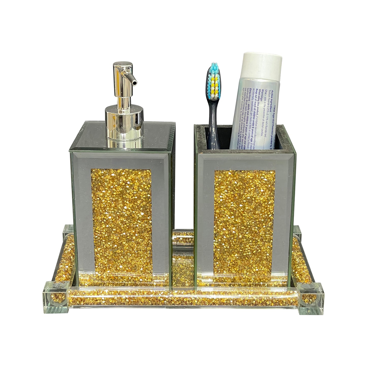 Elegant Gold Glass Soap Dispenser and Toothbrush Holder Set