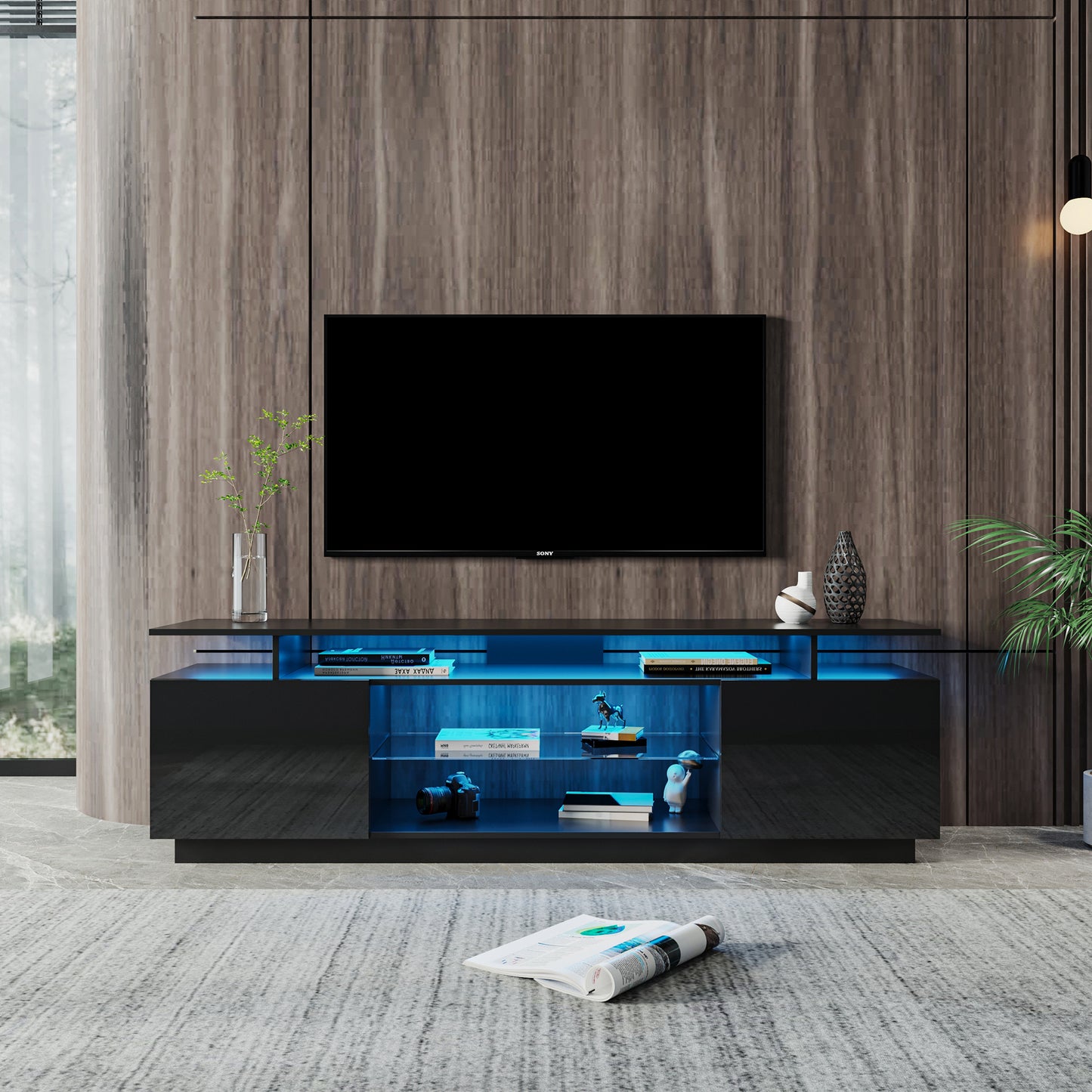 Black LED TV Stand with Storage Cabinets for 80 Inch TV - Modern Entertainment Center