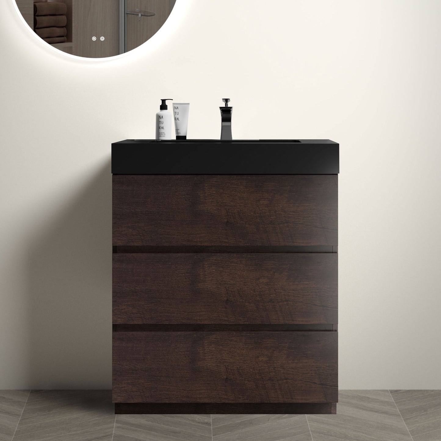 Alice 30" Walnut Bathroom Vanity with Sink, Large Storage Freestanding Bathroom Vanity for Modern Bathroom, One-Piece Black Sink Basin without Drain and Faucet