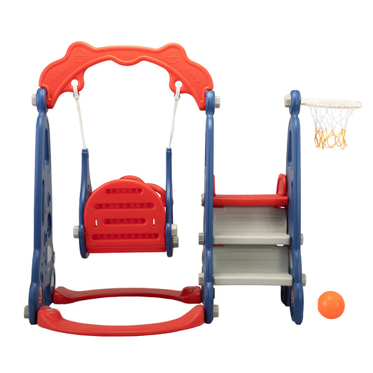 3-in-1 Slide and Swing Set with Basketball Hoop for Children 1-8 Years Old, Indoor/Outdoor, Red & Blue