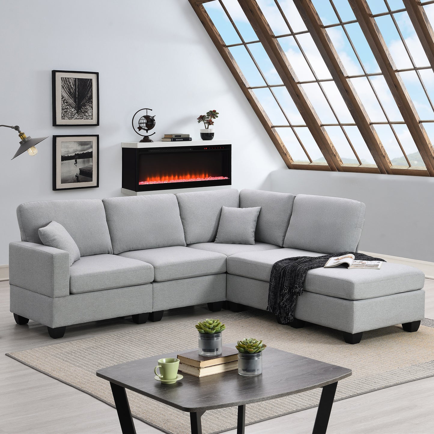 Modern 5-Seat Sectional Sofa Set with Convertible Ottoman