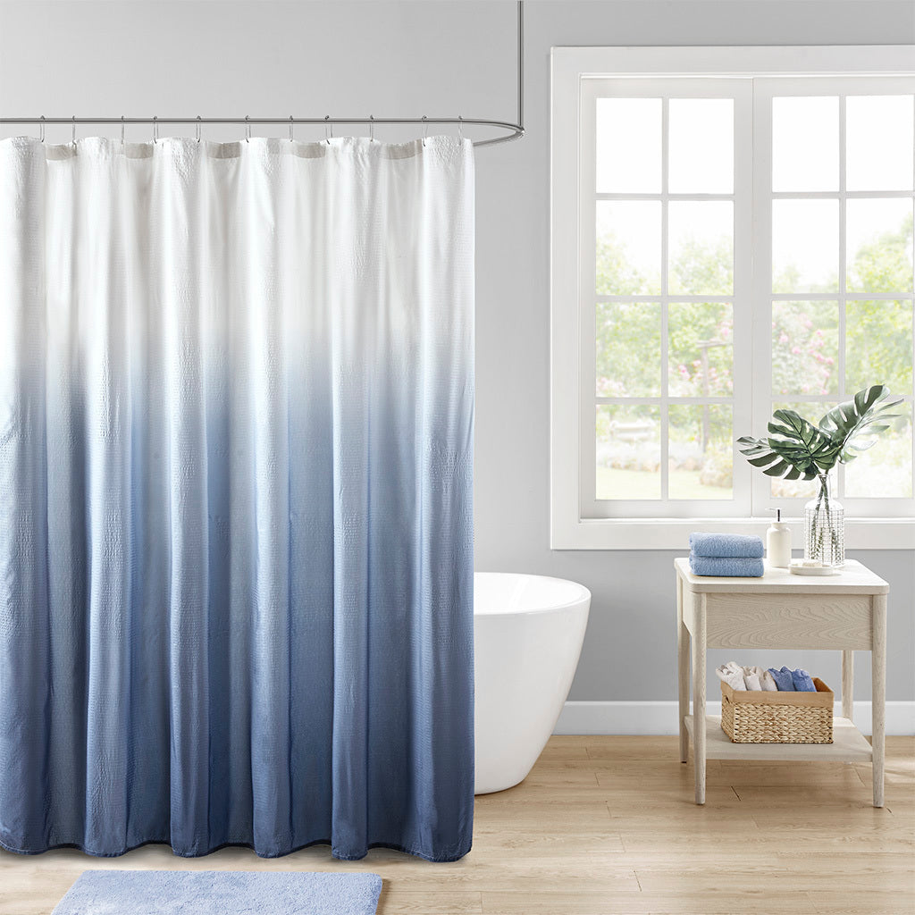 Blue Ombre Printed Seersucker Shower Curtain