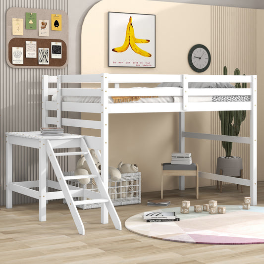 Full Loft Bed with Platform,ladder,White