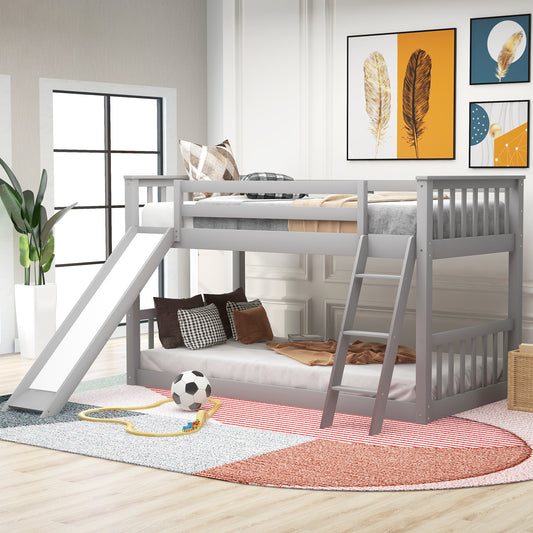 Gray Twin Bunk Bed with Removable Slide and Reversible Ladder