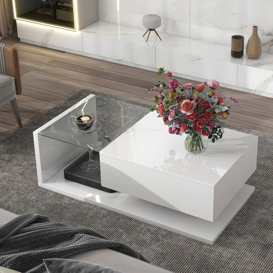 Contemporary White Coffee Table with Glass Top and High-Gloss Finish