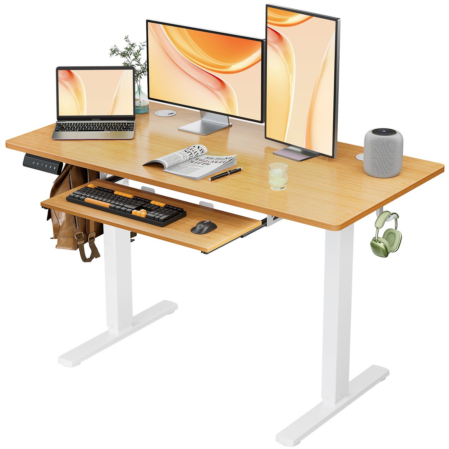 Electric Height-Adjustable Desk with Keyboard Tray, 48 x 24 Inches, Natural Wood Finish