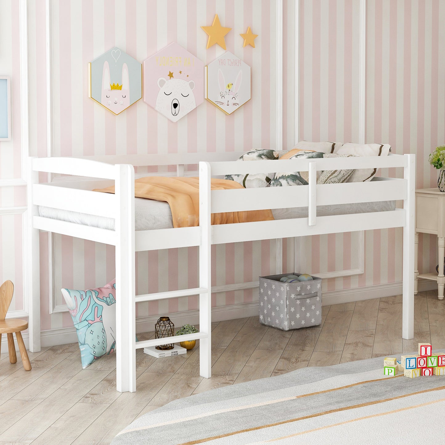 Twin Wood Loft Bed Low Loft Beds with Ladder,Twin,White( :WF192082AAK)