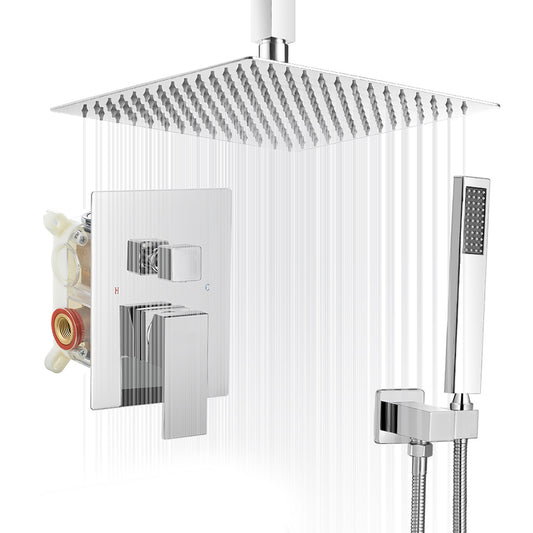 Luxurious Square High Pressure Shower Faucet with 2-Spray Option and 10 Ceiling Shower Head - Chrome Finish (Valve Included)