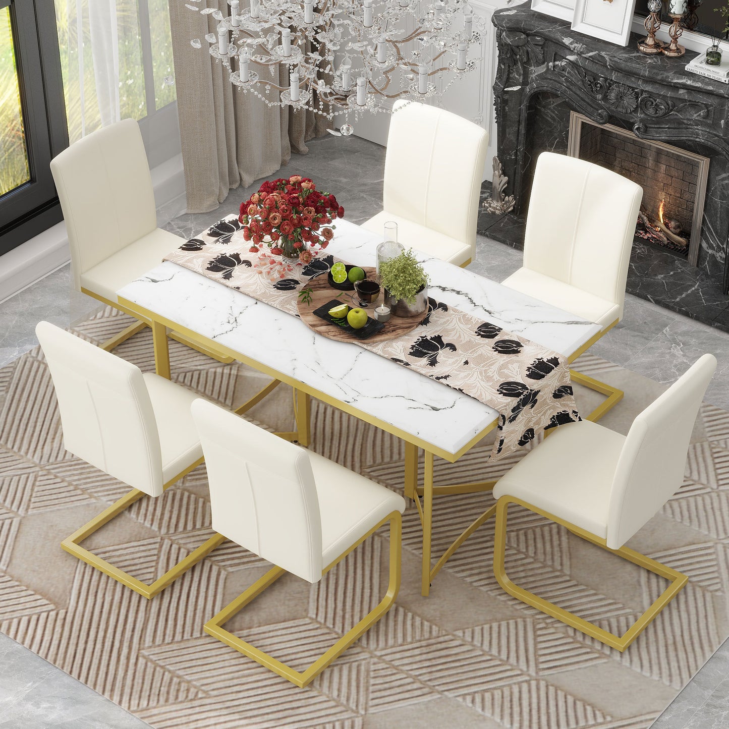 TREXM 7-Piece Modern Dining Table Set, Rectangular Marble Sticker Table and 6 PU Leather Chairs with Golden Steel Pipe Legs for Dining Room and Kitchen (White)