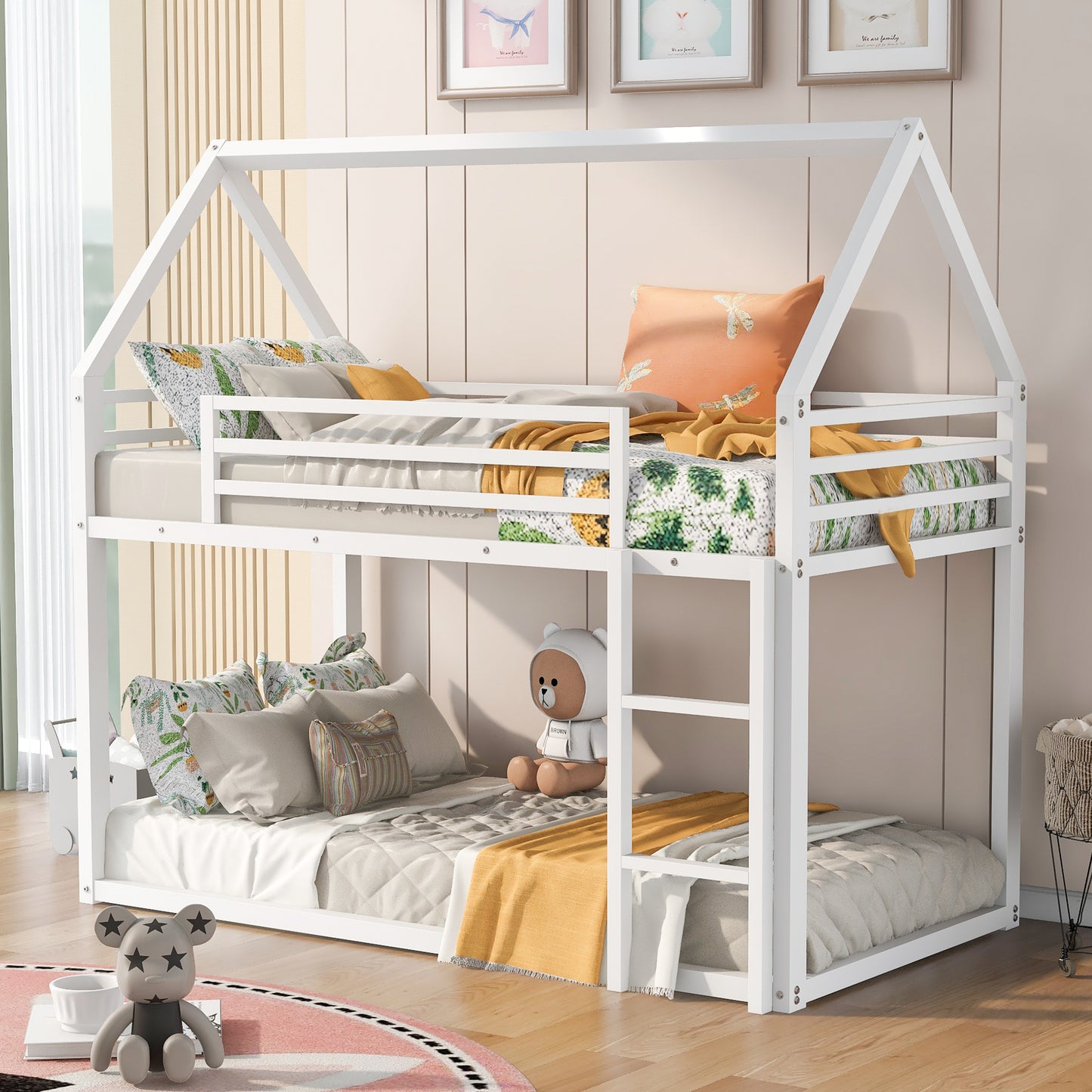 Whimsical White Twin House Bunk Bed with Slide and Built-in Ladder