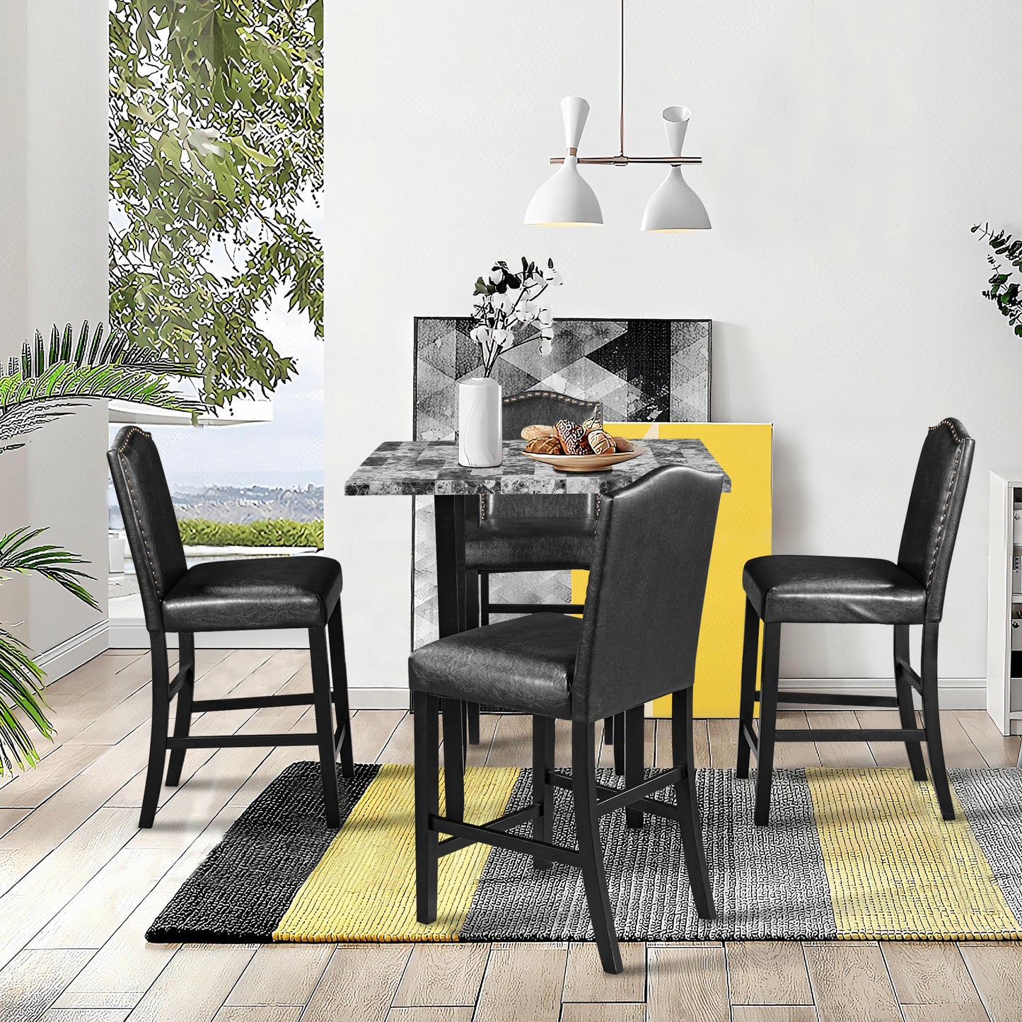 5 Piece Dining Set with Matching Chairs and Bottom Shelf for Dining Room, Black Chair+Gray Table