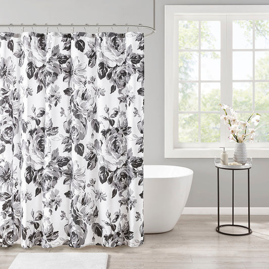 Elegant Black and White Floral Microfiber Shower Curtain