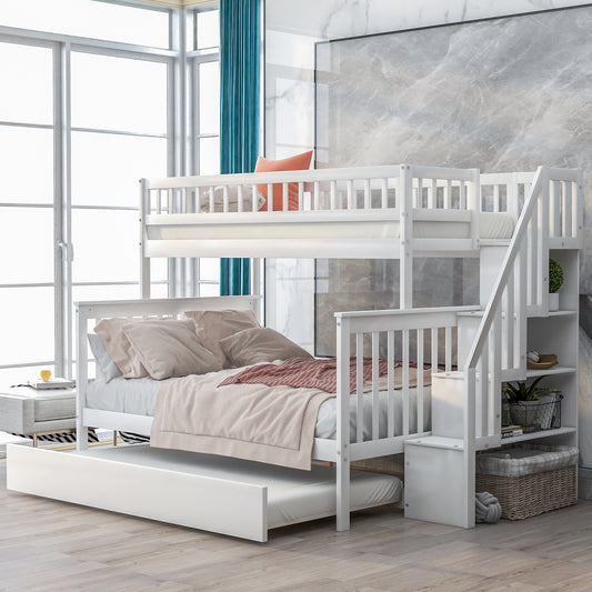 White Twin over Full Bunk Bed with Trundle and Staircase for Shared Sleeping Spaces