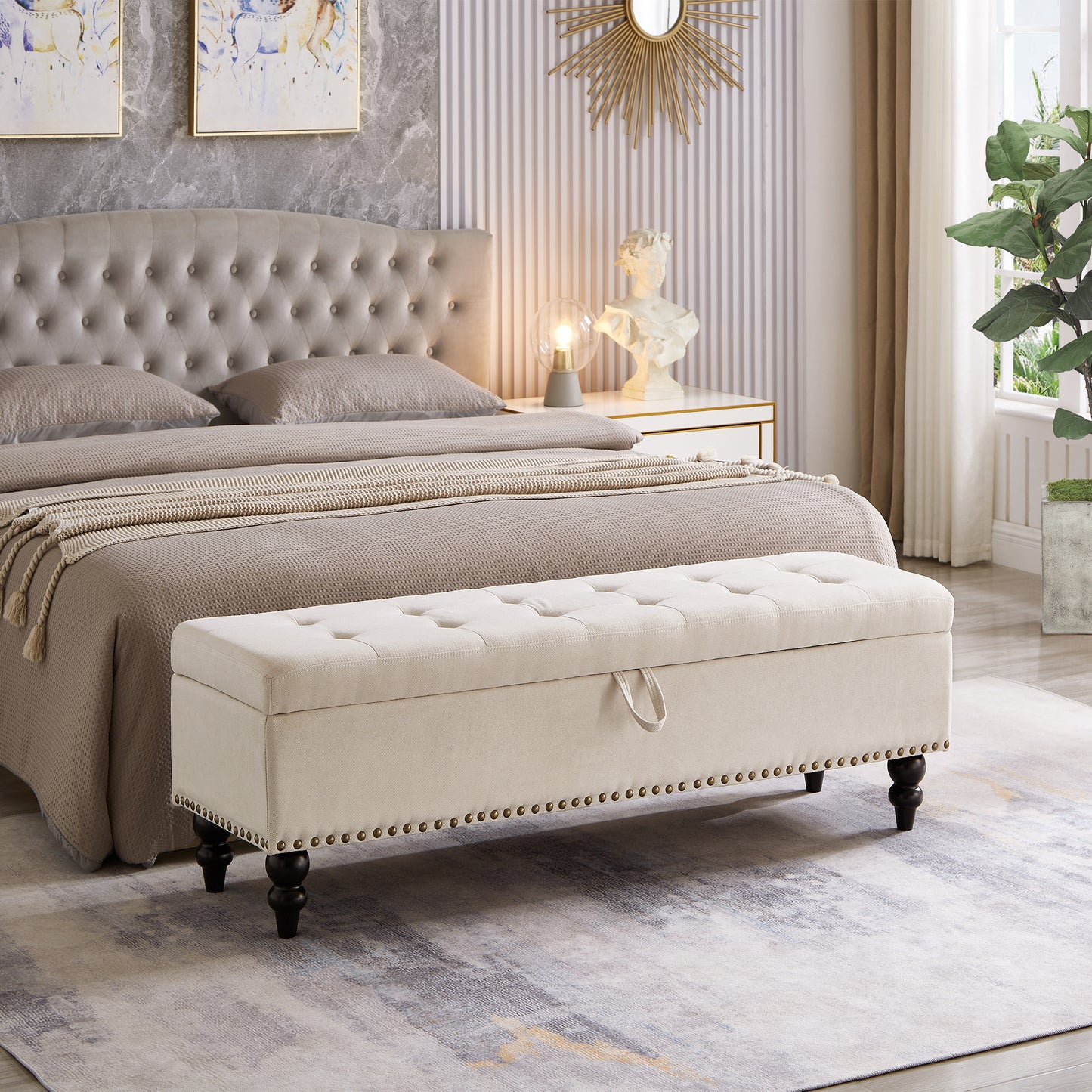 59" Bed Bench Ottoman with Storage  Beige Fabric