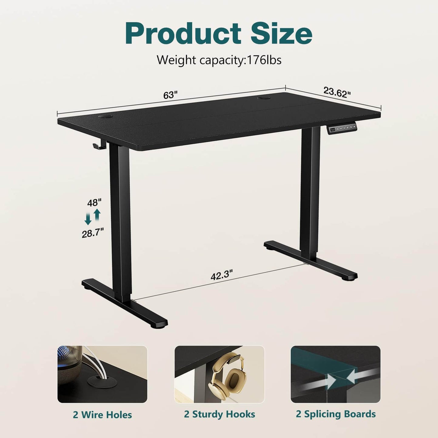 Adjustable Electric Standing Desk with Smooth Motor System and Storage Hooks, Black, 63'' x 24, Height-Optimized