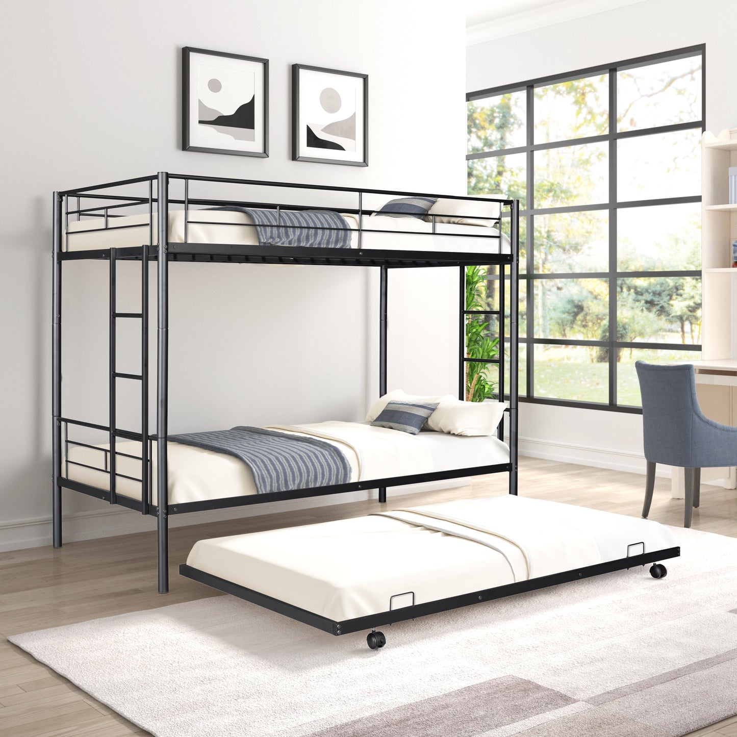 Metal Twin Bunk Bed with Trundle - Durable, Safe, and Quiet Sleep Haven