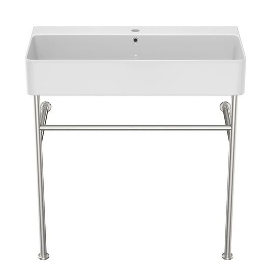 35" Bathroom Console Sink with Overflow,Ceramic Console Sink White Basin Polished Nicke Legs