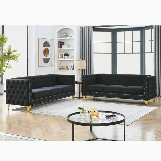 Velvet Sofa for Living Room,Buttons Tufted Square Arm Couch, Modern Couch Upholstered Button and Metal Legs, Sofa Couch for Bedroom, Black Velvet ,2PCS