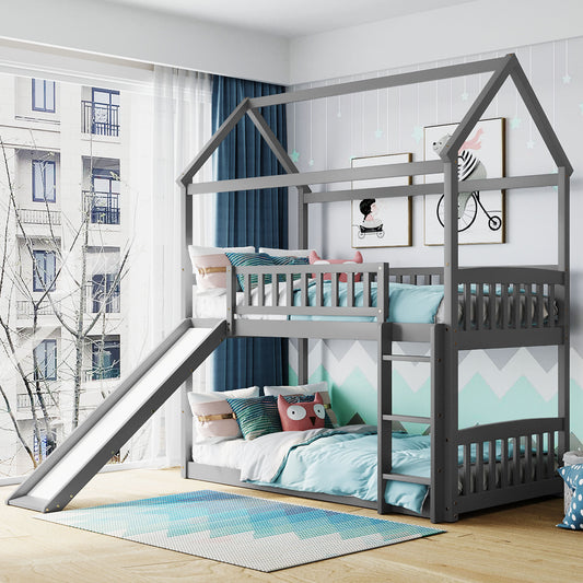 Bunk Bed with Playhouse Design and Slide