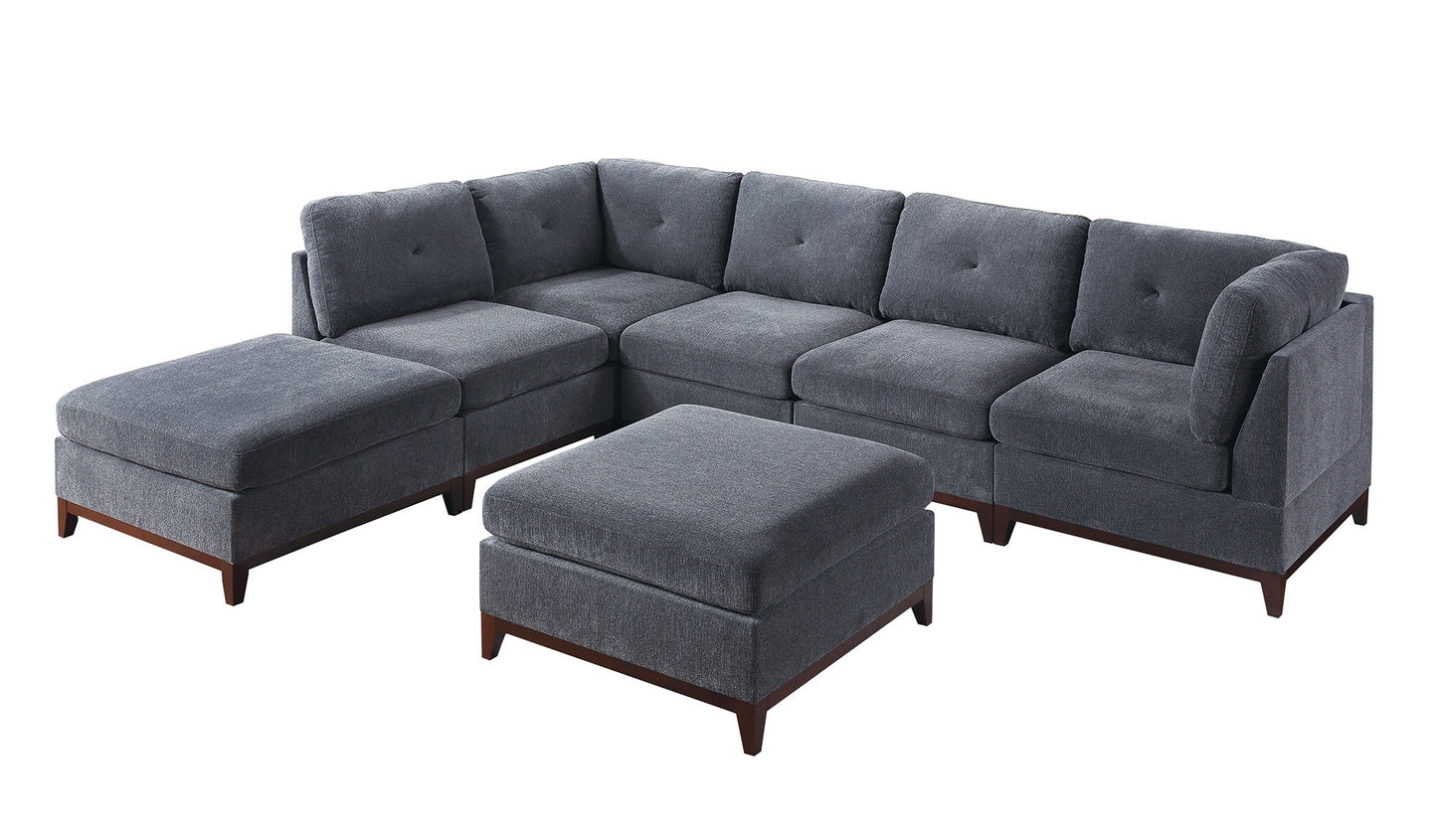 Ash Grey Chenille Fabric Modular Sectional 7 Piece Set - Contemporary Living Room Furniture Kit